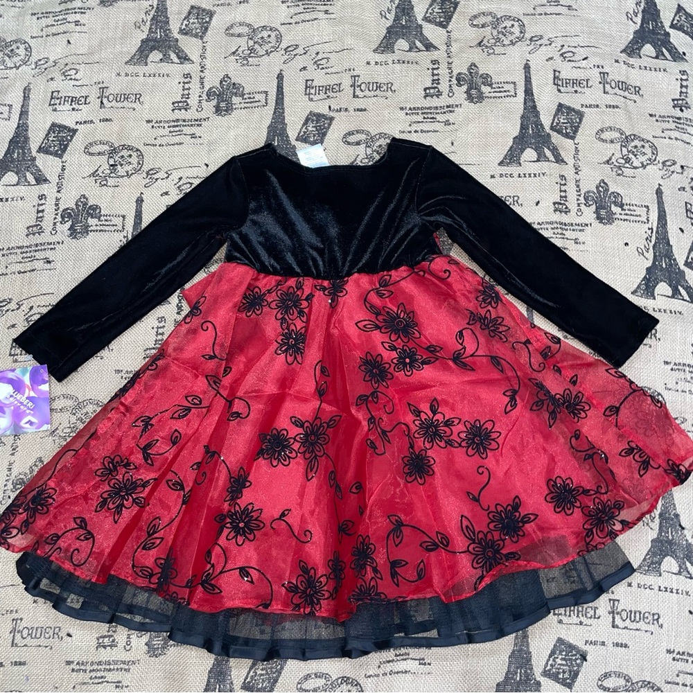 Blueberi Boulevard NWT! Black/Red Floral Lace Long Sleeve Princess Dress Size 3T - Picture 6 of 8